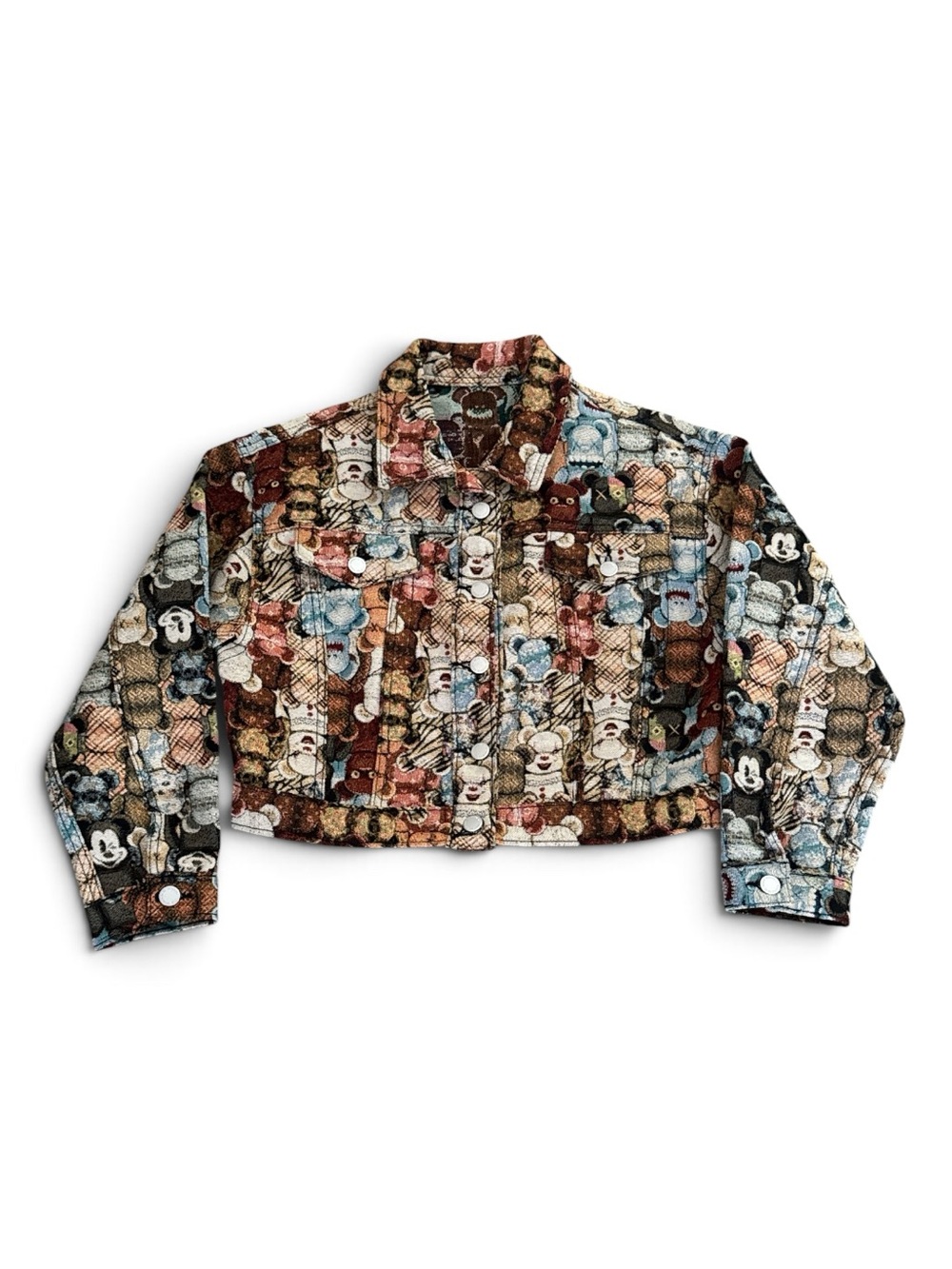 Cropped Brown Multicolored Woven Tapestry Jacket Mickey Mouse Character